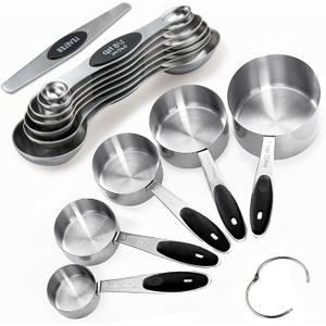 Measuring Cup and Magnetic Measuring Spoons Set, 5 Stainless Steel Nesting Measuring Cup & 7 Double Sided Stackable Magnetic Measuring Spoons & 1 Leveler, for Cooking Dry and Liquid Ingredient