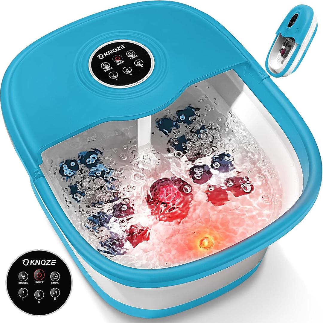 KNQZE Collapsible Foot Spa with Heat, Remote Control, Temperature Control, Bubbles, Pumice Stone, Red Light, Timer, 16 Massage Roller Pedicure Foot Bath Tub Foot Soaker for Relaxation & Stress Relief