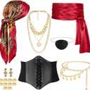 Vermeyen 8 Pcs Pirate Costume Accessories for Women with Head Scarf Wrap Pirate Corset Eye Patch Necklace Sash Chain Belt (Red)