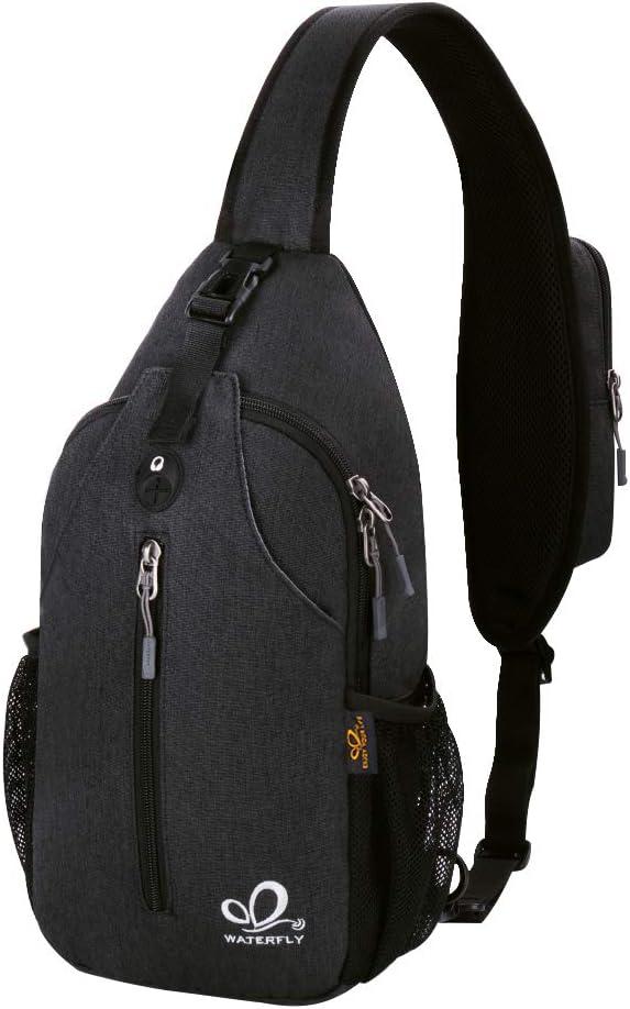WATERFLY Crossbody Sling Backpack Sling Bag Travel Hiking Chest Bag Daypack (Black)