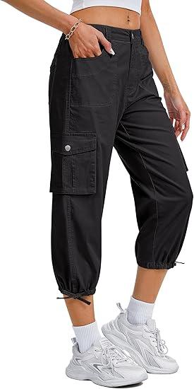 Eddoyee Women's Cargo Capris Pants Elastic Waist Hiking Pants 2026 Summer Casual Pants with 6 Pockets (Black, XXL)