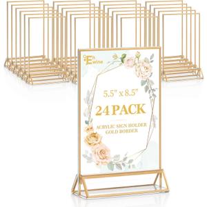 EHWINE 24 Pack Acrylic Sign Holder 5.5 x 8.5, Double Sided Gold Picture Frame Stand up Table Top Sign Holders, Clear Display Stand Menu Flyer Holder for Wedding Party