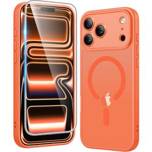 FNTCASE for iPhone 17 Pro-Max Case: Matte Magnetic Phone Cases with Screen Protector Compatible with Magsafe Slim Anti Yellowing Rugged Shockproof Protective Translucent Cell Cover (C-Orange)