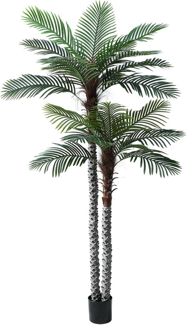 8ft Tall UV Resistant Faux Palm Tree, 96in Artificial Palm Tree Indoor Outdoor, Fake Tree with Real Bark and Realistic Leaves and for Home House Office Living Room Yard Patio