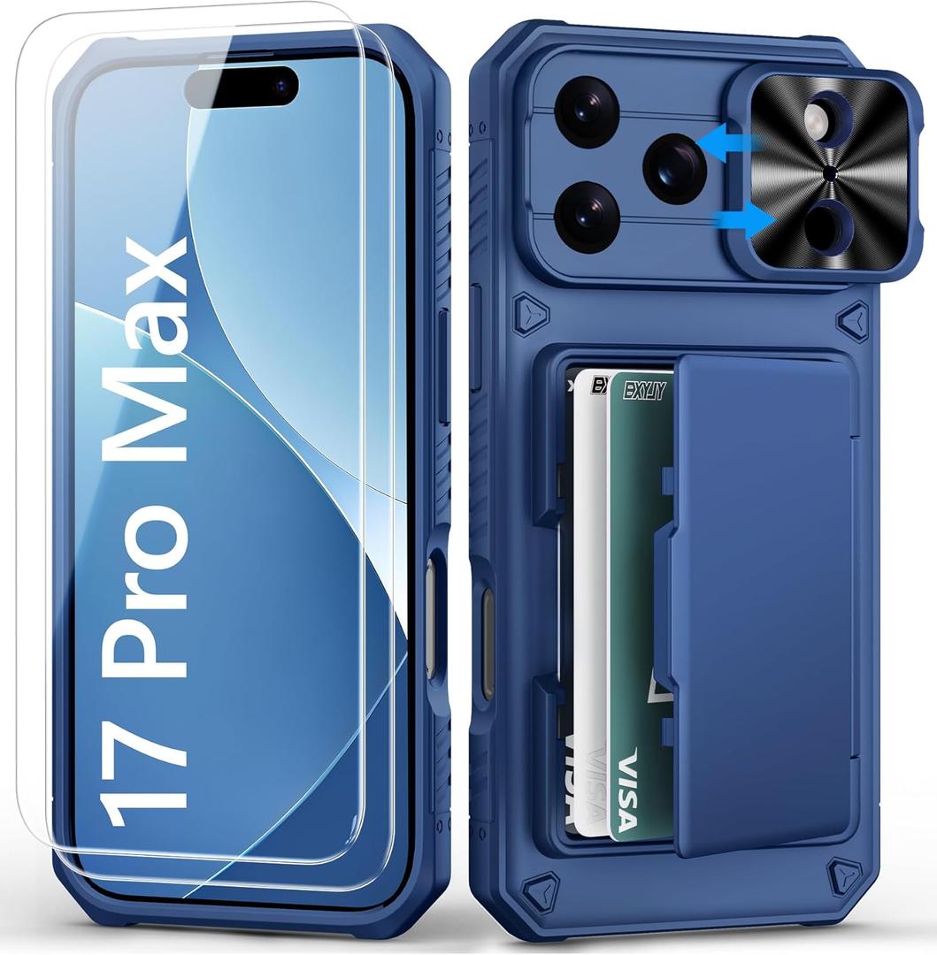 for iPhone 17 Pro Max Case Wallet with Screen Protector (Tempered Glass), Slide Camera Cover, Military Grade Drop, Card Holder (4-5 Cards), Heavy Duty Men Women Case for iPhone 17 Pro Max, Blue