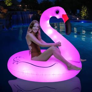 Inflatable Flamingo Pool Floats with Lights, FlyfreeU Solar Powered Pink Pools Flamingo Float Rings, 42'' Lake Beach Floaties Swimming Rings Summer Pool Raft Lounger for Adults Water Party Supplies