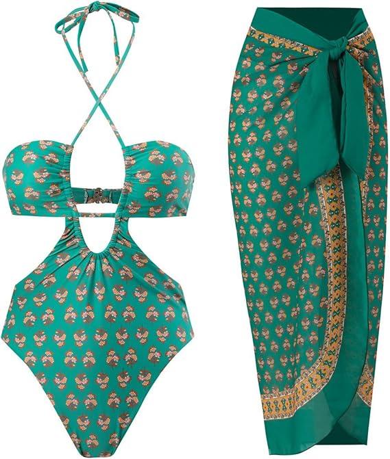 Women One Piece Swimsuit with Matching Cover Ups Floral Sexy Bikini Sets High Cut Push Up Two Pieces Bathing Suit,  Medium