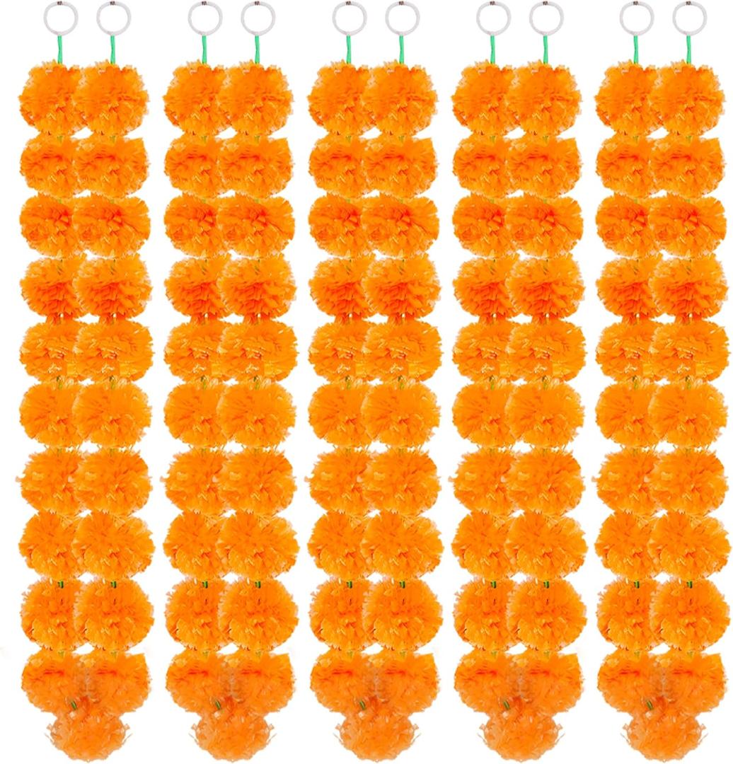 Fovths 5 Pieces 5 Feet Long Marigold Garland Bulk Light Orange Indian American Wedding Party Mantel Decoration Long Strands Artificial Dia De Los Muertos Decor for Pooja, Altar Faux Garland, Diwali