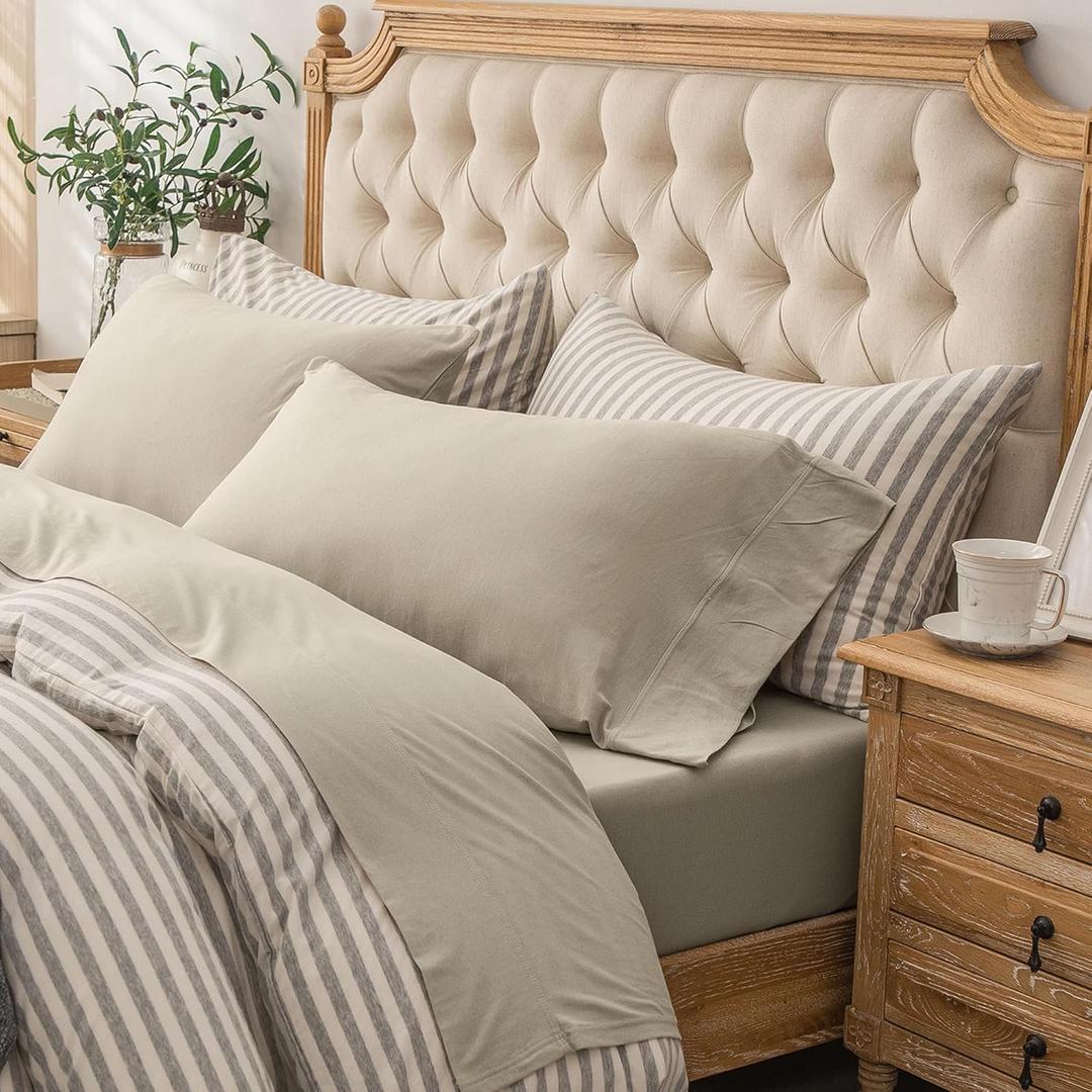 PURE ERA Jersey Knit 4pc Bed Sheet Set 100% T-Shirt Heather Cotton Super Soft Comfy Breathable Fits Mattress Up to 20" Extra Deep Pocket (Dark Beige,King)