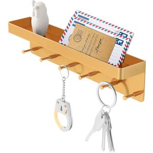 MKO Key Holder for Wall, Mail Organizer and Key Rack with Tray for Hallway, 6 Key Hooks Wall Mount Adhesive(Gold)