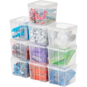 IRIS USA Vertical Plastic Flip Top Storage Containers Bins with Lids for Pantry, Home, Office, Organization, Small, Stackable Hinged Organizer with Latches, Clear, 10 Pack