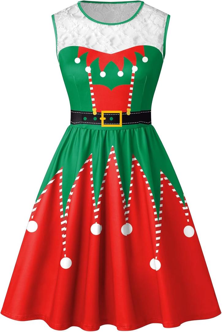 Spadehill Christmas Women's Lace Sleeveless Party Vintage Swing Dress Green Elf L