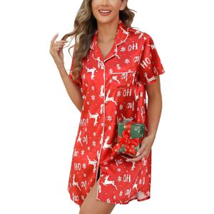 Samring Women's Satin Nightshirt Short/Long Sleeve Button Down Sleepshirt Silk Pajamas Sleep Shirt Nightgown for Women (Red Elk Christmas, Small)