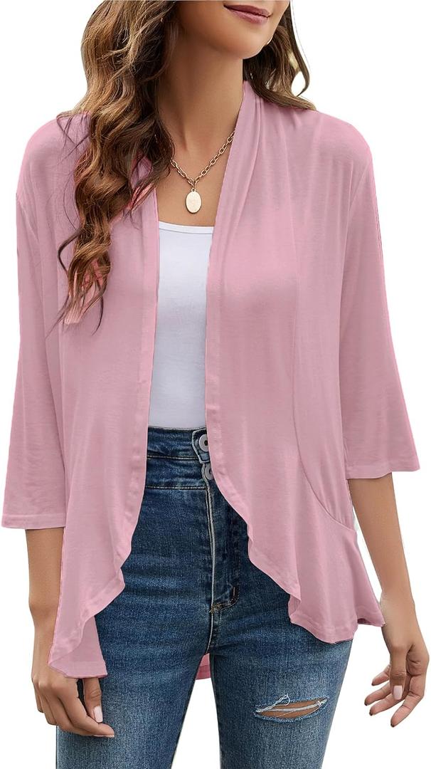 Yekaty Women Cardigan 3/4 Sleeves Open Front Lightweight Cardigan Draped Ruffles Knit Cardigan (Pink)