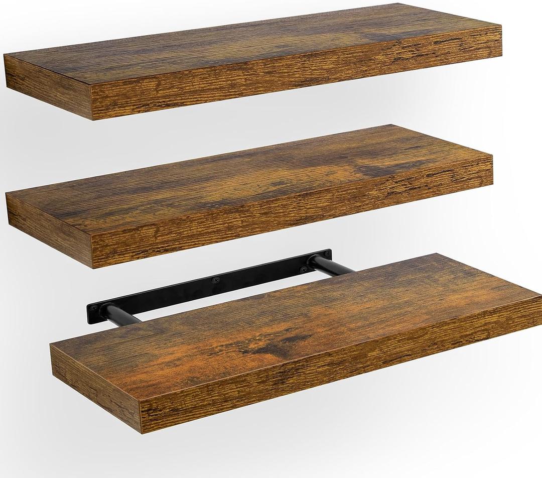 AMADA HOMEFURNISHING Floating Shelves, Wall Shelves for Bathroom/Living Room/Bedroom/Kitchen Decor, Decor Shelf with Invisible Brackets Set of 3, Rustic Brown - AMFS07V (15.7 Inches)