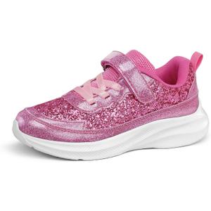 RUNSIDE Girls Glitter Sneakers Lightweight Kids Sparkle Tennis Shoes with Hook and Loop for Toddler/Little Kid/Big Kid (Hot Pink Glitter)