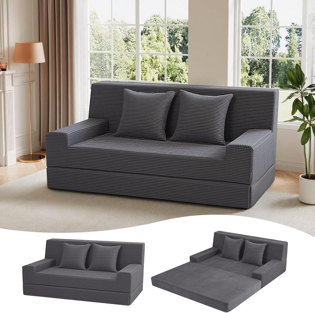 MeMoreCool Folding Futon Couch Queen Boneless Corduroy Sofa Bed, Convertible Foam Floor Lounger with Pillow & Washable Cover, Foldable Sleeper for Living Room, Bedroom, Guest Space