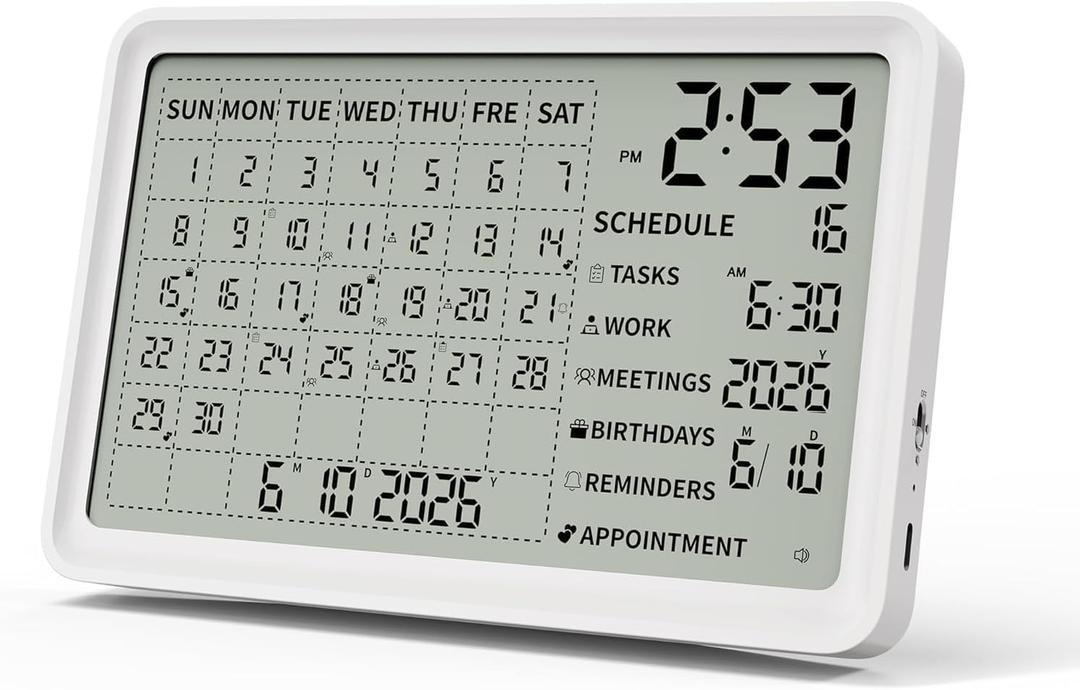 Digital Calendar, Digital Desk Planner with Schedule Reminder Clock with Day and Date, Chargeable 8 Inch Large Display Electronic Calendar Office Home School Family for Wall Mount & Desktop 2026-2055 (White, 8 inch)
