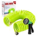 Yereen Coil Garden Hose 50FT, EVA Recoil Garden Hose, Self-coiling Water Hose with 3/4" Connector Fittings with 8 Function Spray Nozzle, Grass Green