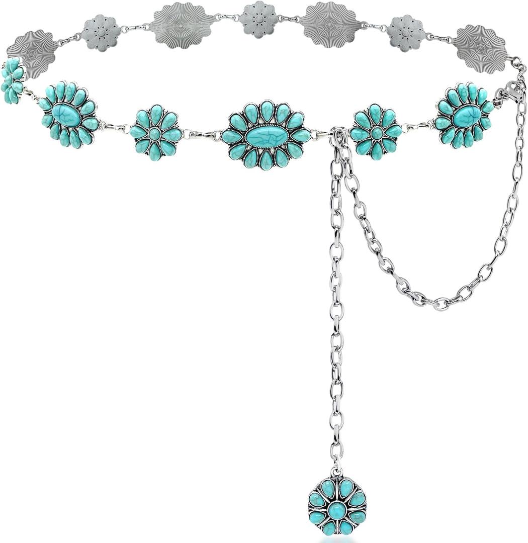 Turquoise Belt Silver Western Chain Belt, Cowgirl Concho Style with Turquoises Embellishment for Women (Blue)