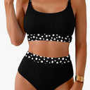 Herseas Women's Textured Bikini Sets Floral Print Trim Scoop Neck Swimsuits High Waisted Bathing Suits, XL