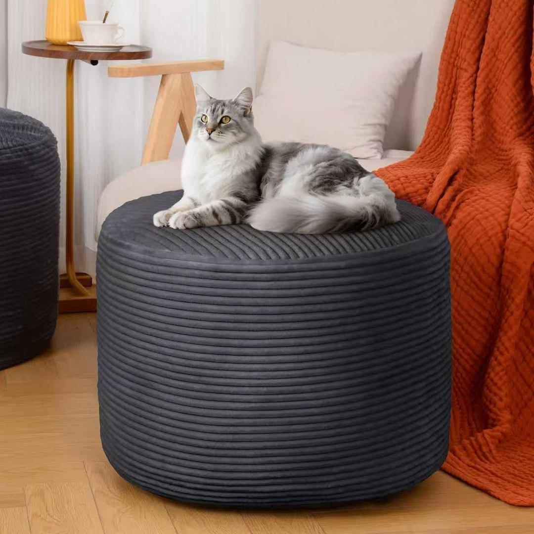 Round Ottoman Foot Rest Pouf for Living Room Couch - Soft Plush Hassock (26"D x 26"W x 18"H, Dark Grey)