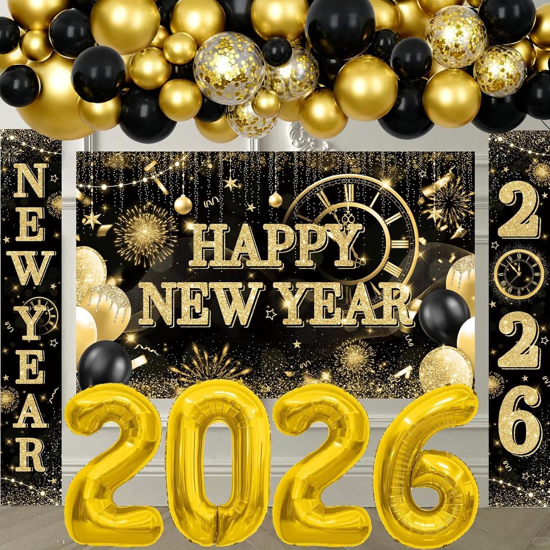 77Pcs Black and Gold New Years Eve Party Supplies 2026 Happy New Year Decorations Kit New Years Balloons Arch Porch Banner Backdrop for 2026 New Year Eve Party Decorations