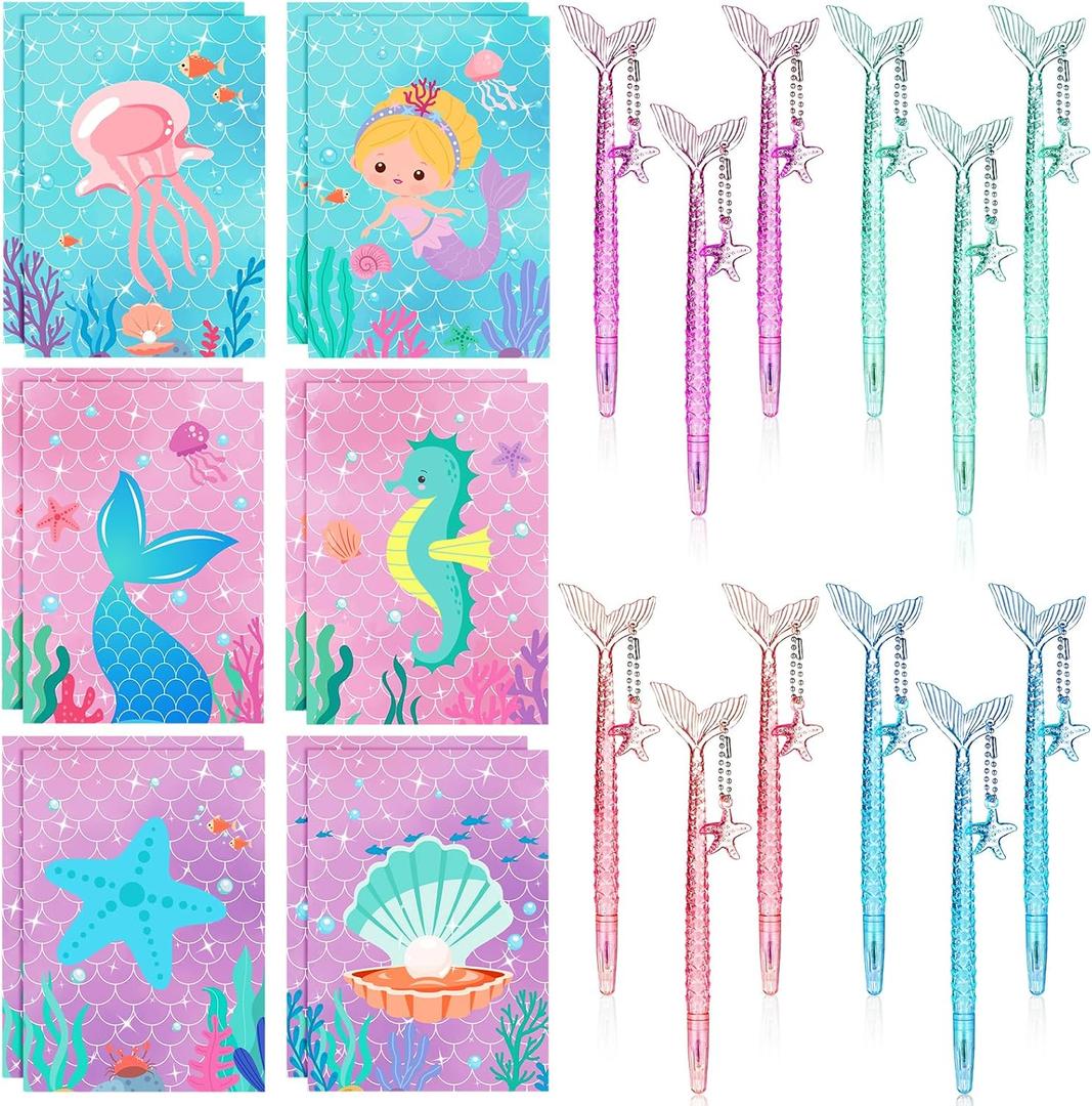 Teling 24 Pcs Mermaid Pen and Notepad 5 Inches 12 Cute Notepads 12 Black Ink Pen for Birthday Decorations, Party Favors, Kids Girls School Supplies