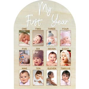 My First Year Arch Photo Frame, Natural Wooden Monthly Milestone Photo Board for Baby Birthday Party Decorations (17x11.8in)