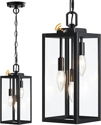 16'' Large Dusk to Dawn Outdoor Pendant Light for Porch 1 Pack, Modern Outdoor Chandelier for Gazebo with Clear Glass, Black Outside Hanging Lighting Fixture for Foyer Entryway