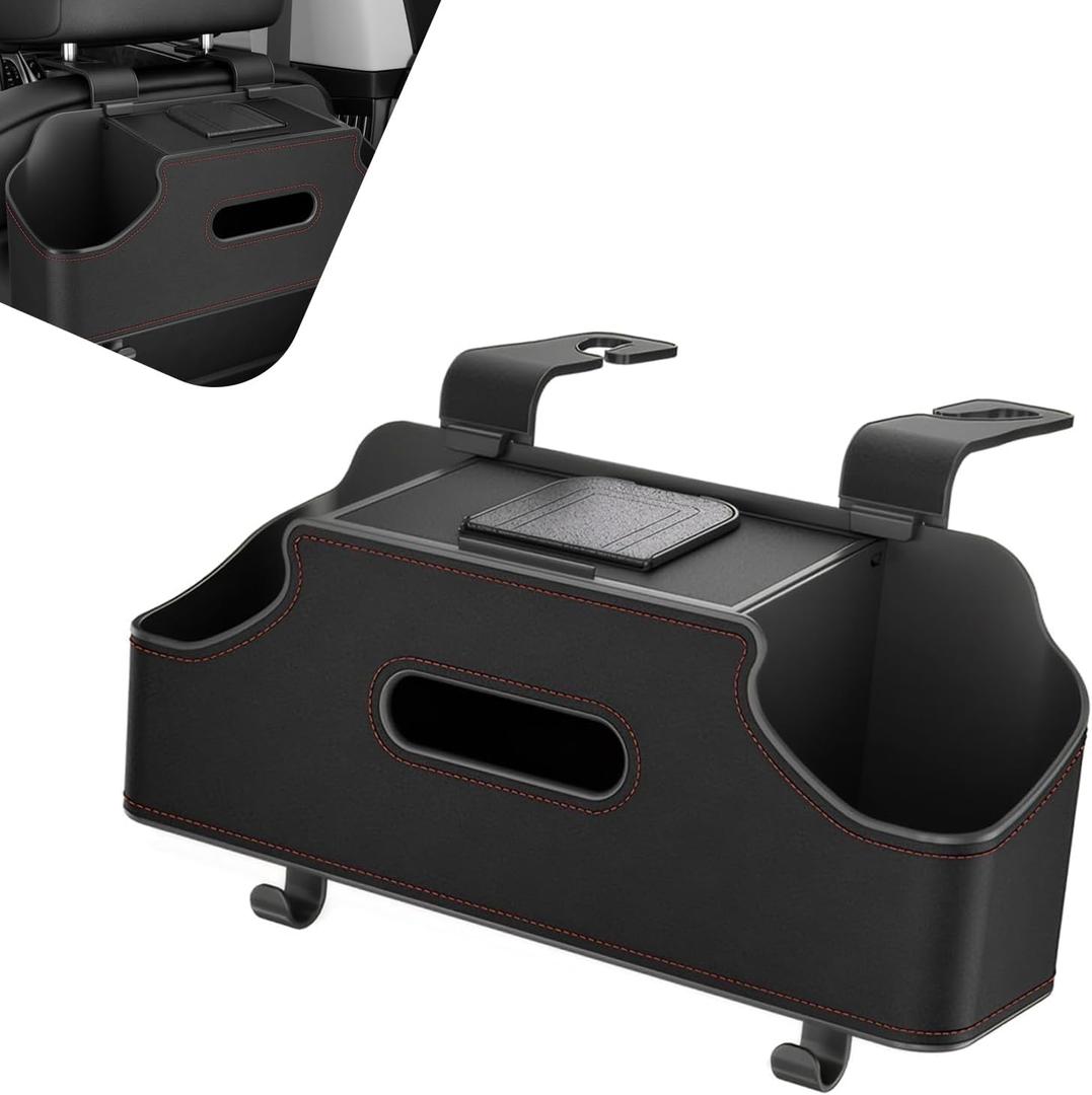 1 PC Backseat Organizer with Dual Cup Holder, Multi-function Tissue Hanging Box and 2 Hooks, Extra Rear Seat Road Trip Storage Accessories, Universal for Most Cars, Trucks, SUVs (Black)