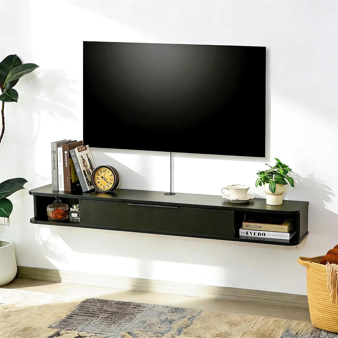Floating TV Stand, 55" Wall Mounted TV Cabinet, Wood Media Console for TVs up to 65", Entertainment Center with Storage for Living Room, Under TVs Shelf for DVD Player, Black