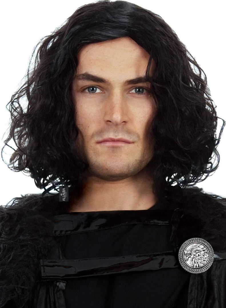 ALLAURA  Jon Snow Wig Northern Snow King Wig + Shield Jon Snow Pin  Bruno Short Black Curly Cosplay Wigs For Men Halloween Cosplay Halloween Costume
