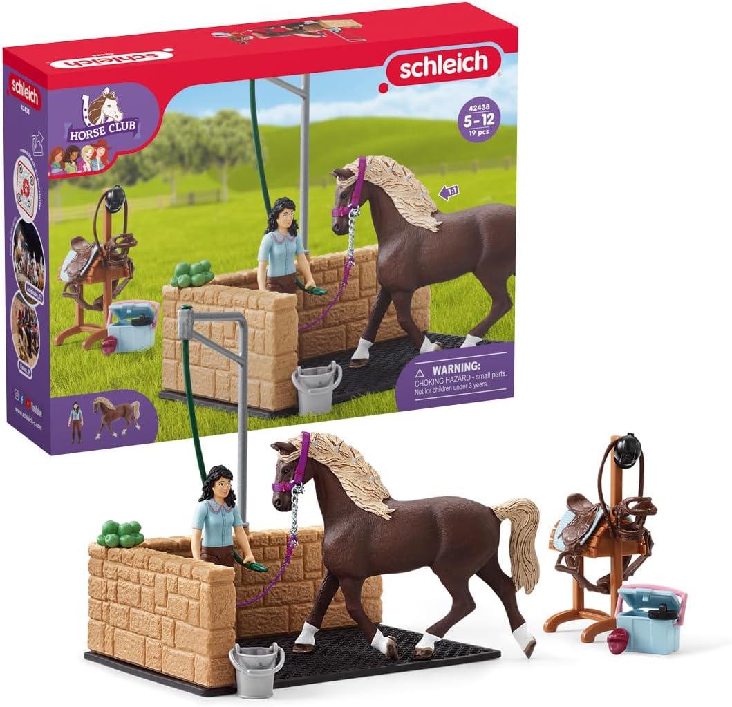 schleich HORSE CLUB  19-Piece Equestrian Washing Area Horse Playset with Horse and Rider Figurines, Washing Stall with Moving Swivel Hose Arm, Horse Toys for Girls & Boys Ages 5+
