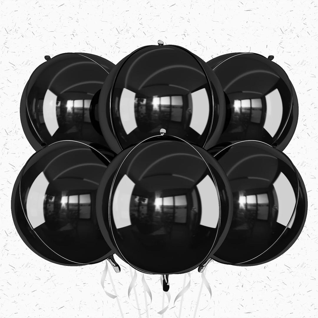 6Pcs Black Round Foil Balloons,Giant 4D Round Ball Balloons,22 Inch Metallic Black Balloon for New Years Birthday Wedding Graduation Prom Party Decorations