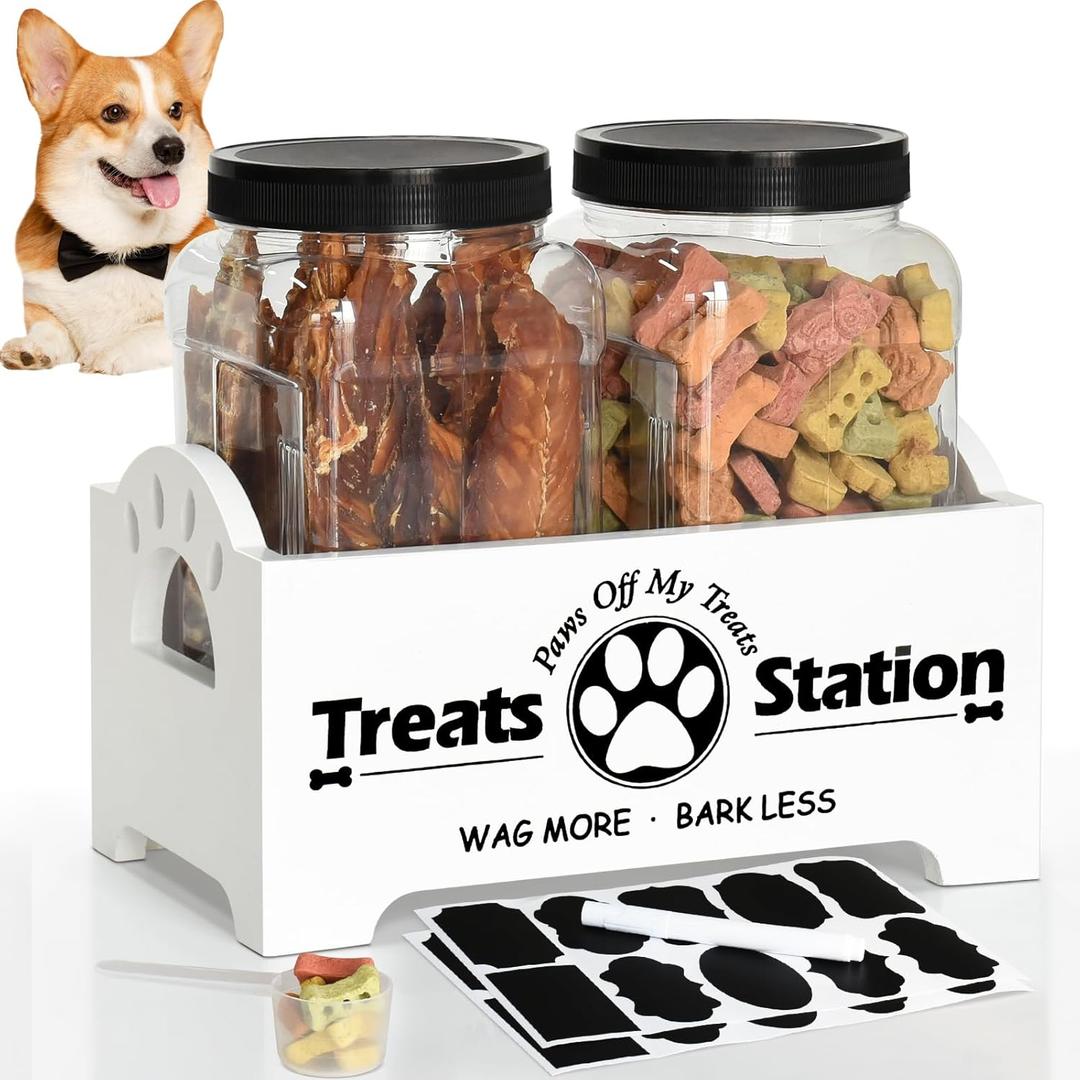 Dog Treat Container Dog Food Storage Container for Countertop, Cat Food Storage Container with 2 Plastic Dog Treat Jar, Dog Food Storage Container for Dog and Cat, White Wooden Dog Food Container
