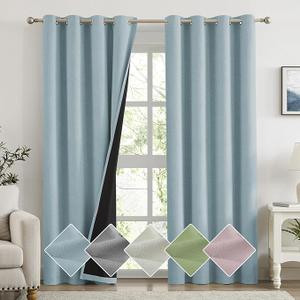 100% Blackout Curtains for Bedroom, Linen Textured Light Blue Black Out Curtains 84 Inch Long, Grommet Top Thermal Insulated Window Drapes for Living Room, 52" W x 84" L, 2 Panels