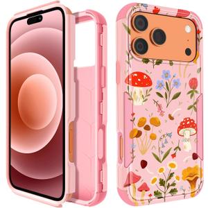 for iPhone 17 Pro Case for Women - Cute Girls Girly Phone Cover Cool Aesthetic Unique Design Teen Mushroom Flower Heavy Duty Protective Shockproof Military Grade Funda for iPhone 17 Pro
