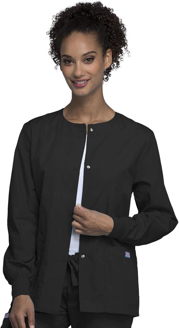 Cherokee scrubs jacket for women, Snap Front Warm-Up Jacket with 3 Pockets and Easy Care - 4350 (Medium, Black)