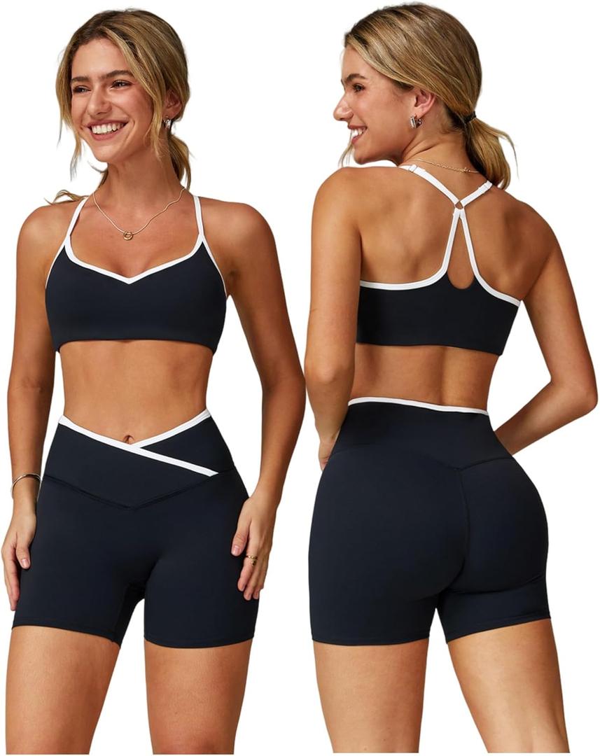Women 2 Piece Workout Set Cami Straps Padded Colorblock X Back Sports Bra V High Waist Tummy Control Shorts Gym Outfit Small, X Back Black