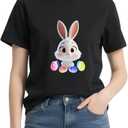 Women's Easter Shirts: Bunny Eggs Pattern Casual Round Neck Short Sleeve T-Shirt (L)