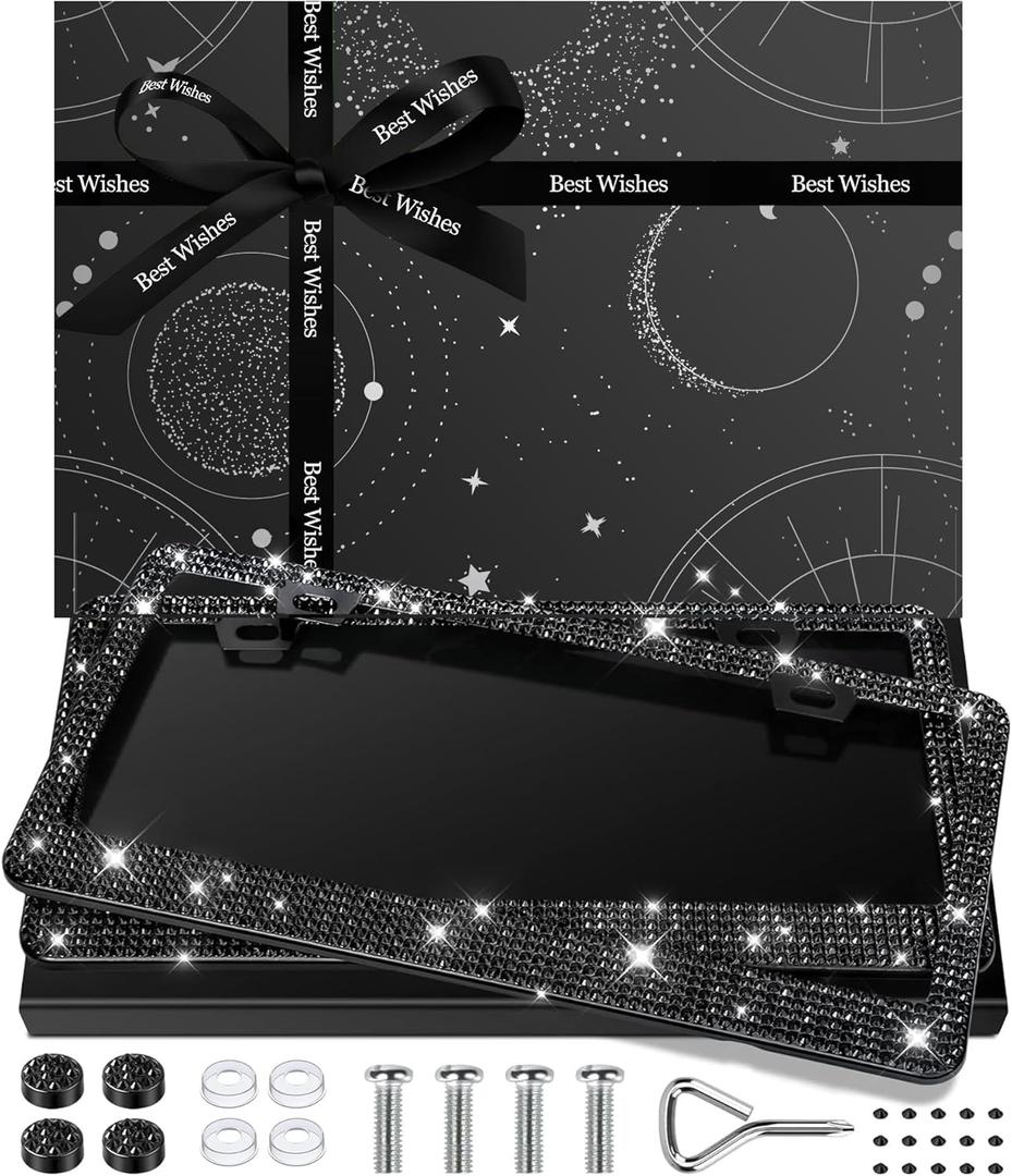 2 Pack Bling License Plate Frame for Women, Stainless Steel Cute Car Accessories, Lasting Sparkly License Plate Holder with Diamond Rhinestone Crystals, Black, 12.2" x 6.2"