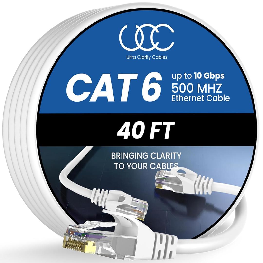 Cat 6 Ethernet Cable 40 ft, 10Gbps High Speed Ethernet Cable, Internet Cable Outdoor&Indoor, Rj45 Cat6 Cable Long Ethernet Cable for Computer, Router, Modem, PS4/5, Xbox, Gaming- White