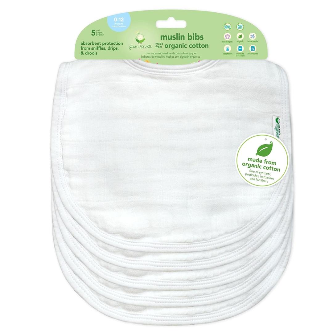 green sprouts Muslin Bibs Made from Organic Cotton| 4 Absorbent Layers Protect from sniffles, Drips, & drools | 100% Organic Cotton Muslin, Adjustable snap Closure, Machine Washable, 5 Count (White)