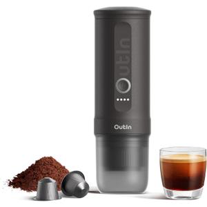 OutIn Nano Portable Electric Espresso Machine, Travel Coffee Maker for Camping, Car Coffee Maker Self-Heating with USB-C, With Ground Coffee & NS Capsule for RV, Hiking, Office