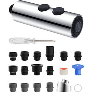Hibbent Metal Pull Down Kitchen Faucet Head Replacement with 15 Adapters, Sink Spray Head, 2 Function Spray Nozzle Compatible with Moen, American Standard, Delta, Kohler Faucets, Chrome (Silver)