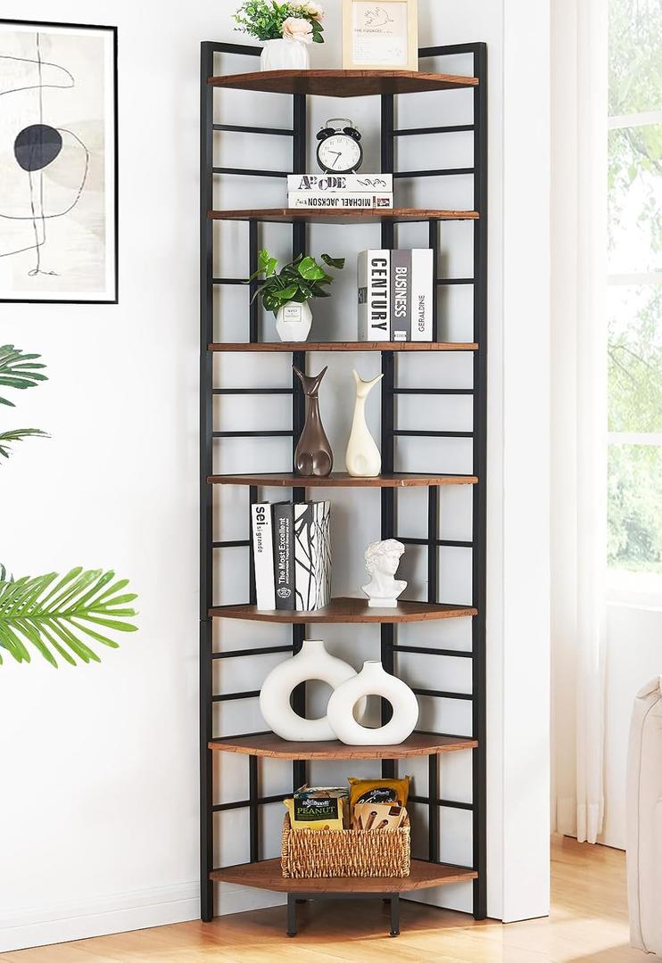 HOMISSUE Corner Shelf, 7 Tier Tall Narrow Bookshelf 82.6", Industrial Corner Bookcase with Storage for Home Office Living Room and Bedroom, Brown