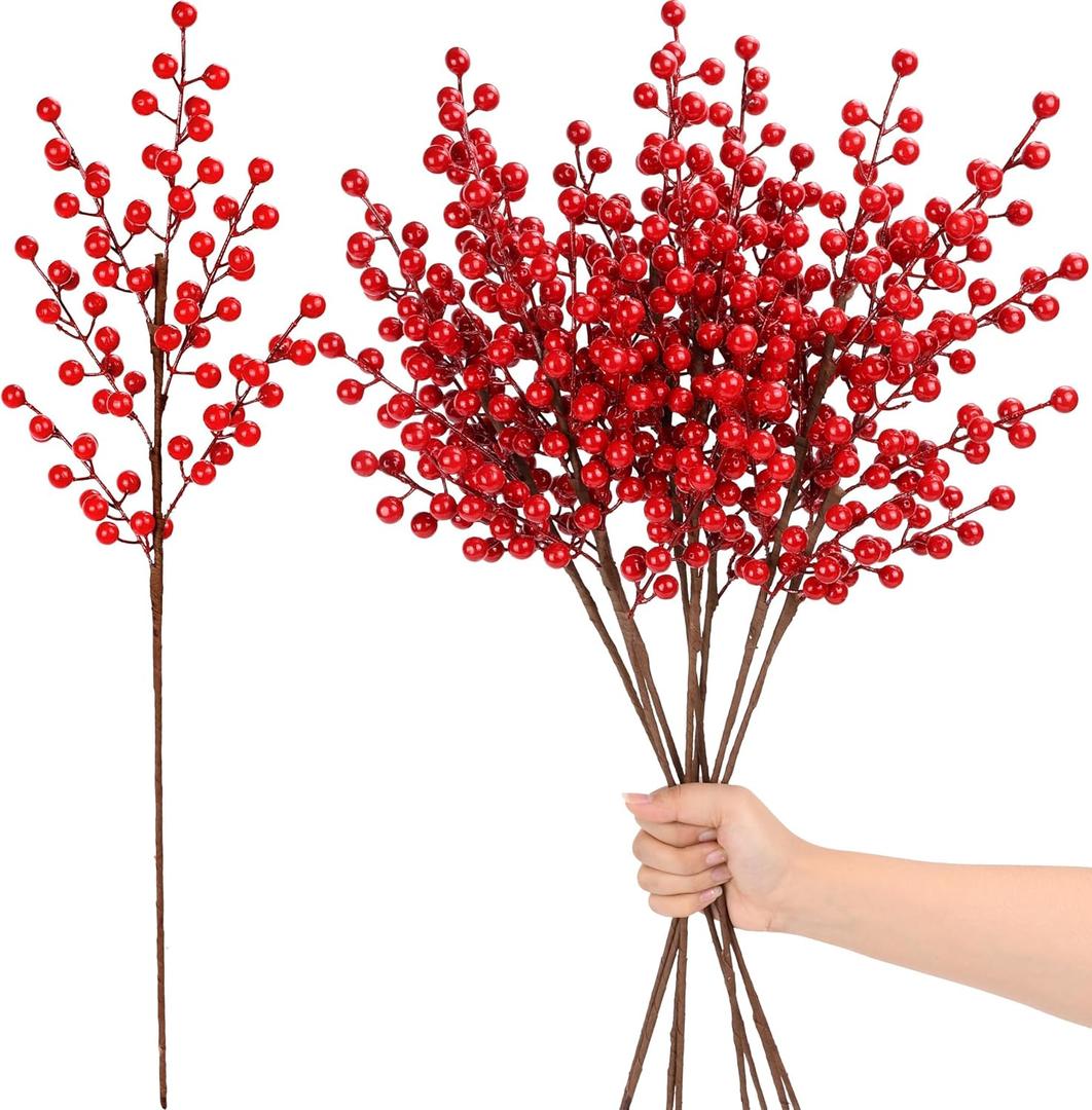 Palonu 8 Pcs 25 Inches Artificial Red Berry Stems Extra Long Red Berries Holly Berry Branch Fake Burgundy Berry Picks for Floral Arrangements Christmas Tree Holiday Home Dcor