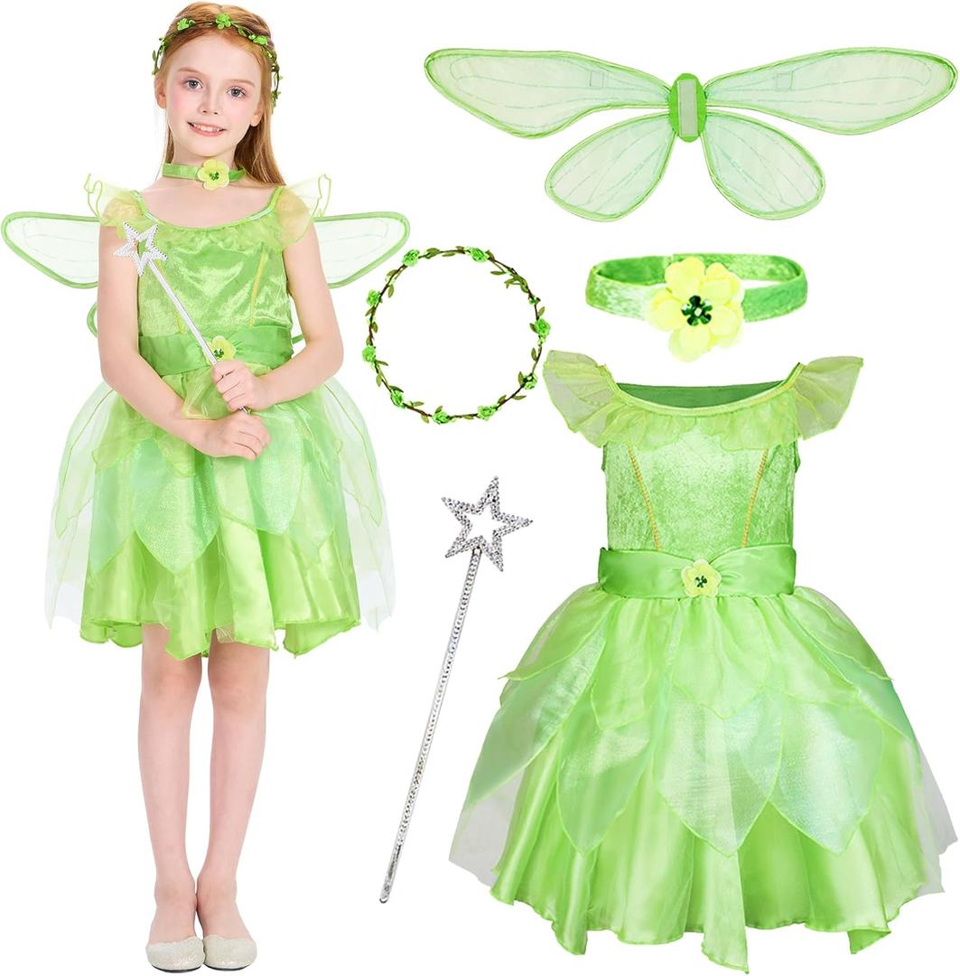 Girls Fairy Costume, Princess Dress Wings Tutu Sequin Suit for Kids Halloween Party Fancy Dress Up Dresses 3-10Y (7-8Y, Green)