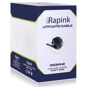 Rapink Cat6 Ethernet Cable 1000ft, Cat6 ethernet Cable 23AWG Solid Bare Copper 10G Support, UTP cat6 Cable 550MHZ, cat 6 Cable 1000ft POE Support Black